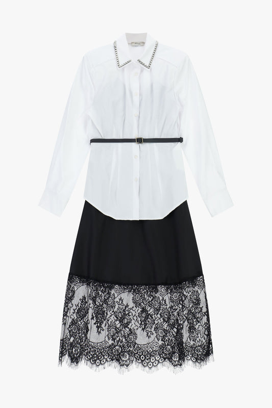 Abito midi camicia con cintura e dettagli pizzo