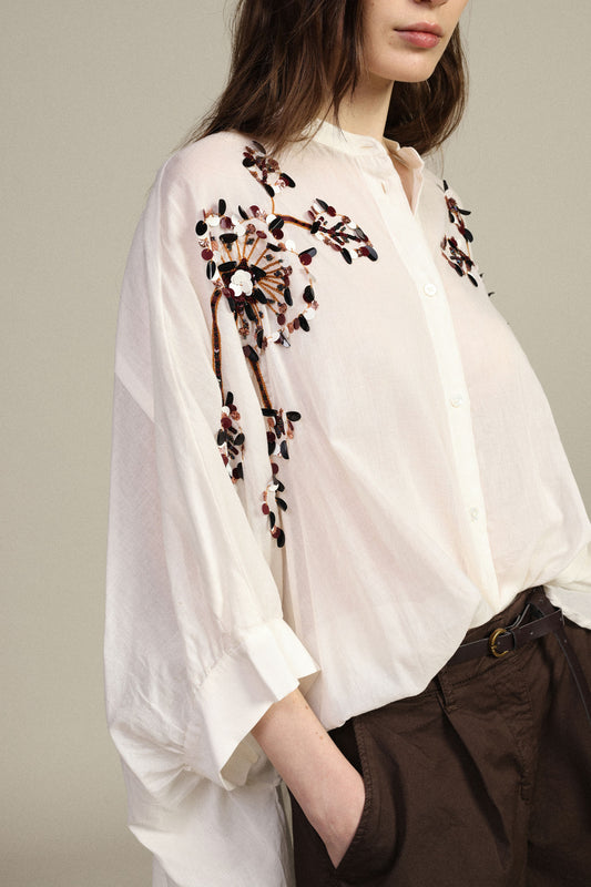 Camicia ampia ricamo floreale bottoni frontali