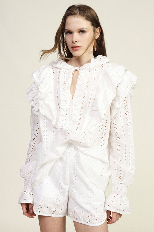 Blusa sangallo con volant e maniche lunghe