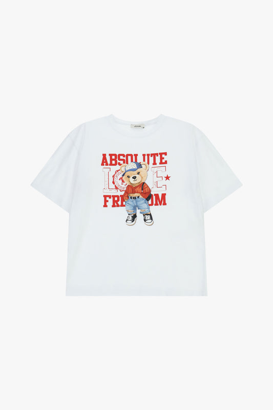 T-shirt girocollo stampa orsetto e lettering