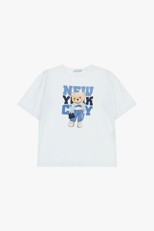 T-shirt a maniche corte stampa orsetto e lettering