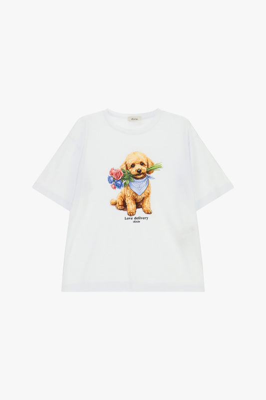 T-shirt a maniche corte stampa cucciolo e scritta