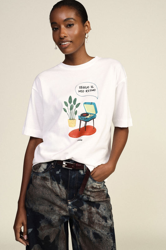 T-shirt girocollo stampa giradischi oversize