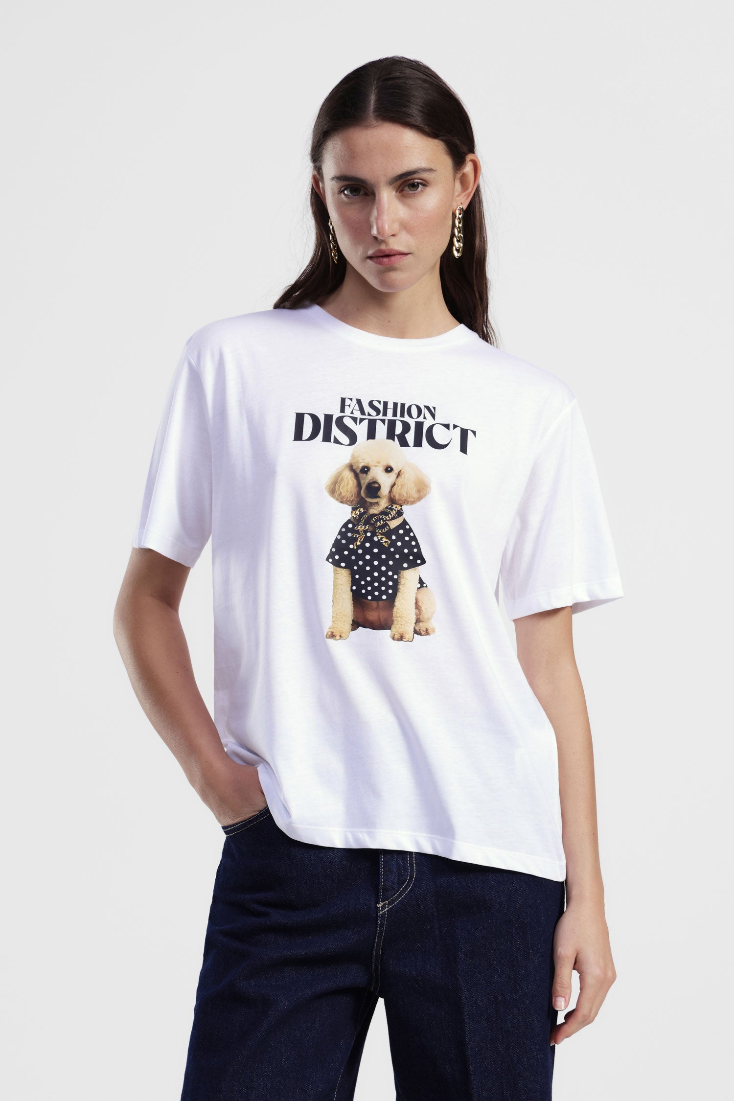 T-shirt girocollo stampa cane e scritta frontale