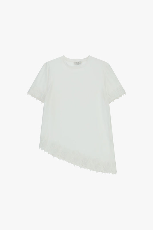 T-shirt a maniche corte con bordo asimmetrico e pizzo