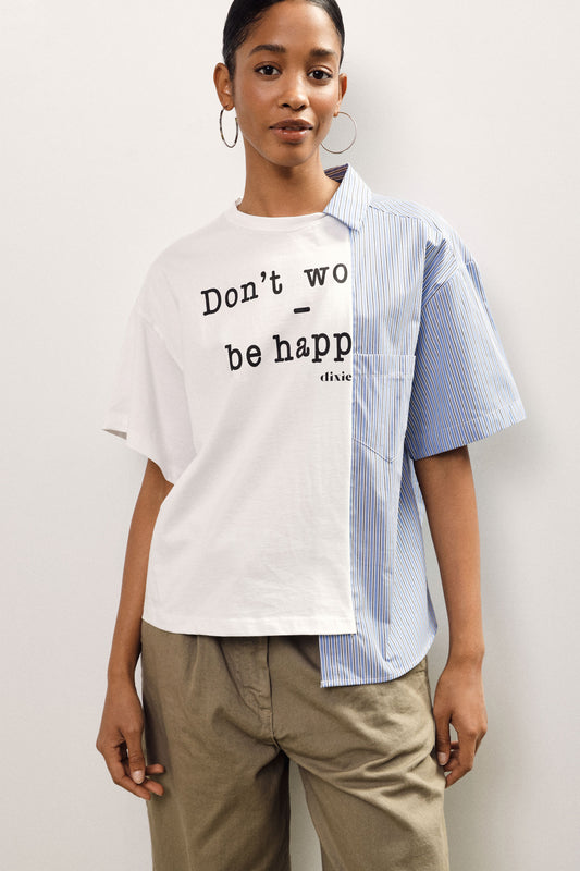 T-shirt corta bicolore con scritta e righe