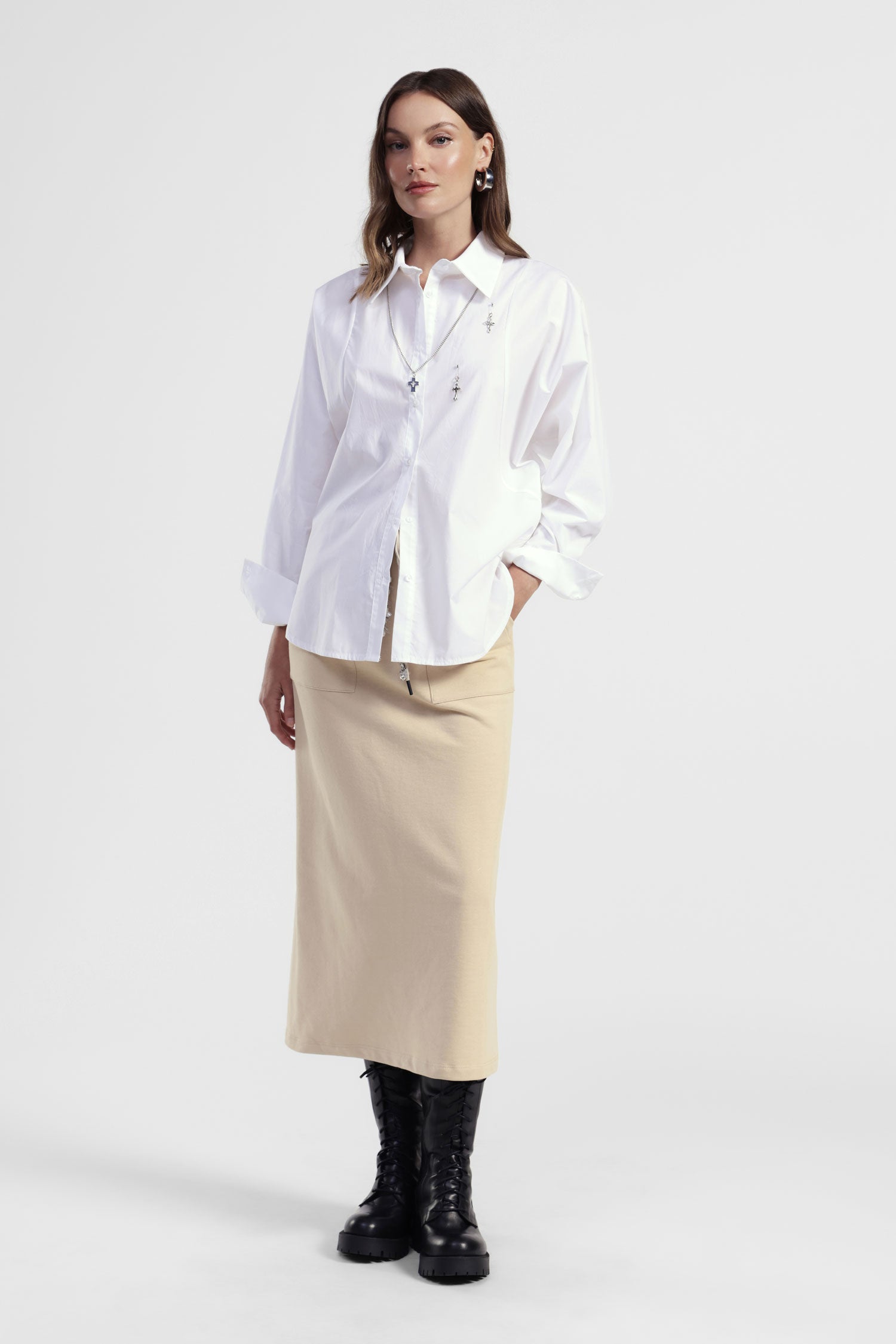 Gonna lunga con tasche frontali e coulisse gioiello