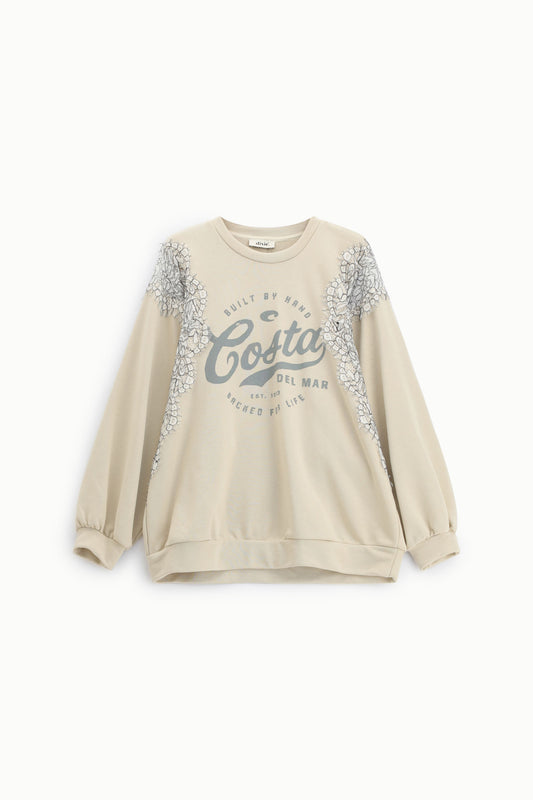 Felpa girocollo con stampa floreale e lettering