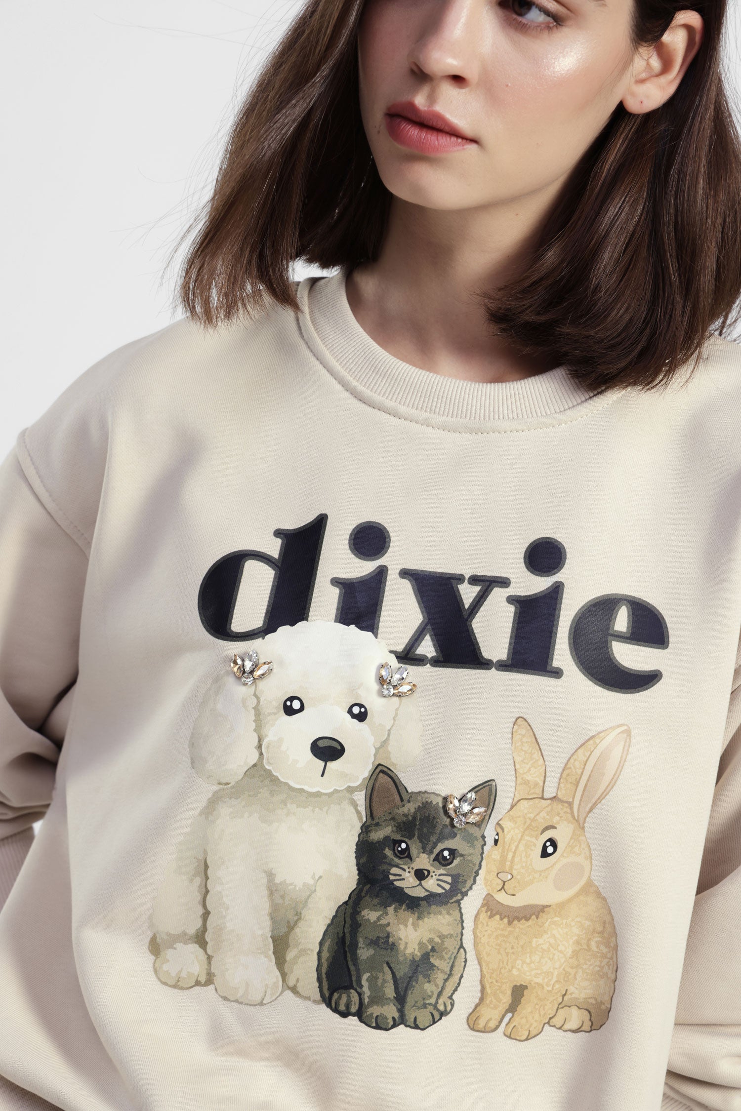 Felpa girocollo stampa animale dettagli gioiello