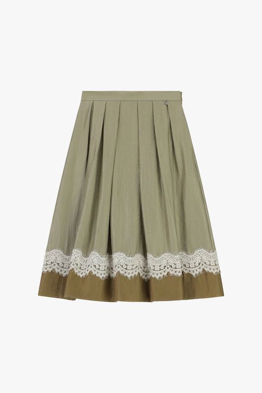 Gonna a pieghe con inserto pizzo e bordo a contrasto
