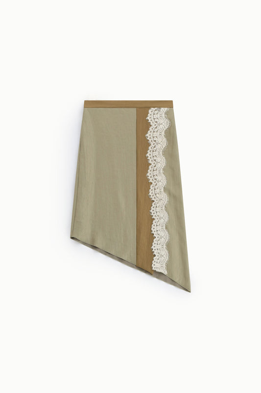 Gonna asimmetrica con inserto a contrasto e pizzo