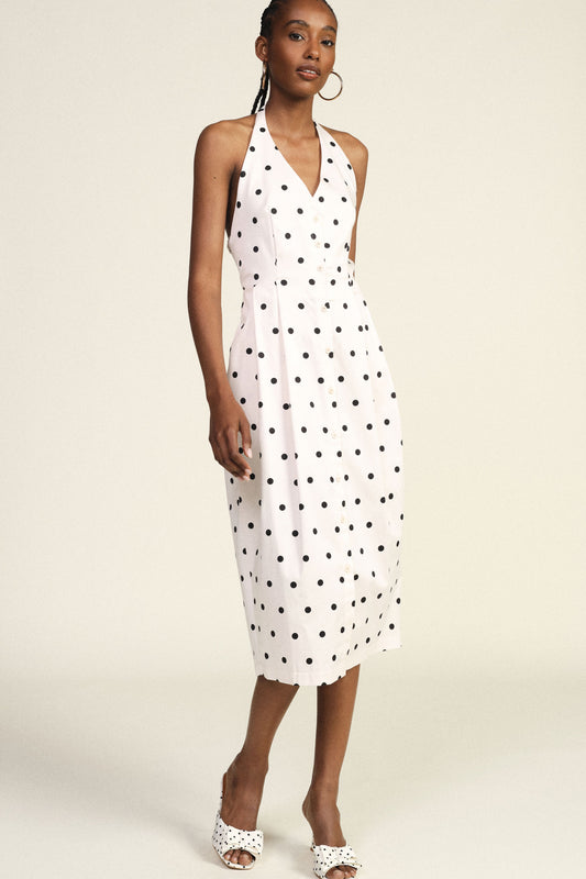Abito midi a pois con scollo all’americana