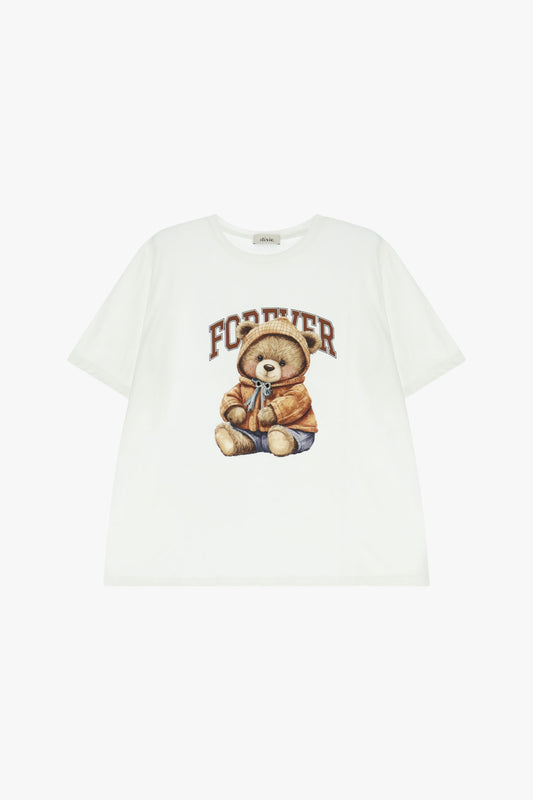 T-shirt girocollo stampa orsetto e lettering