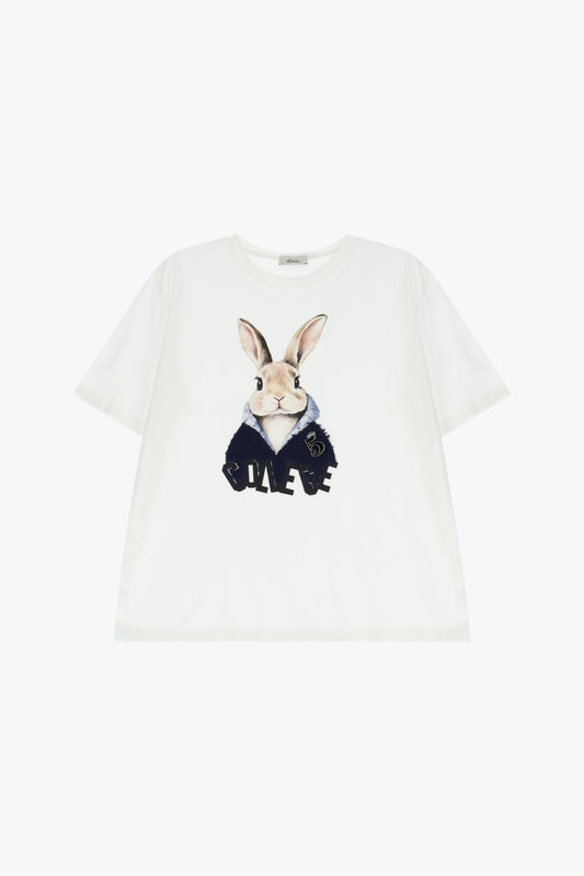T-shirt girocollo stampa con coniglio e lettering