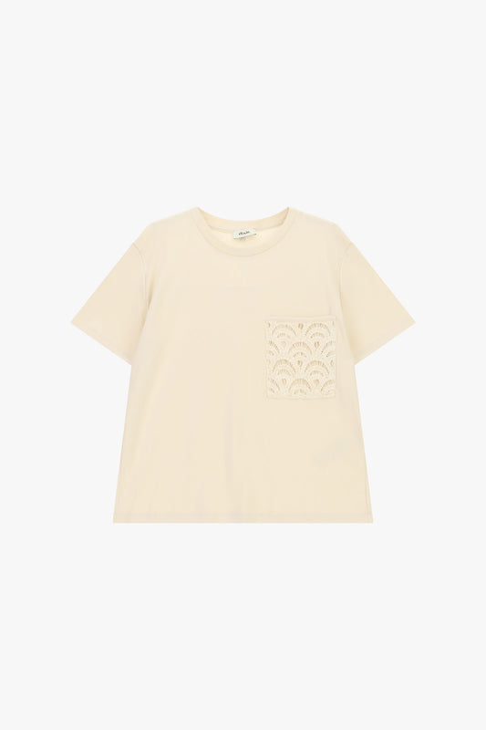 T-shirt con tasca frontale in pizzo traforato
