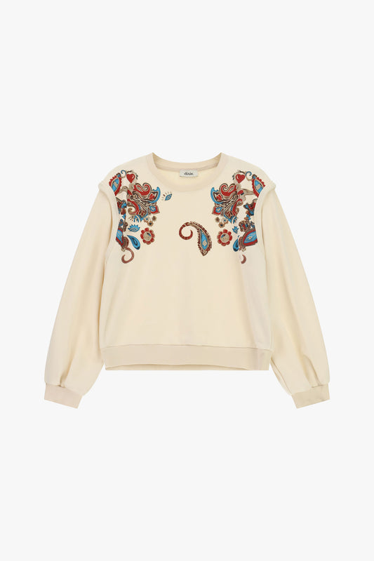 Felpa girocollo con ricamo paisley e maniche ampie