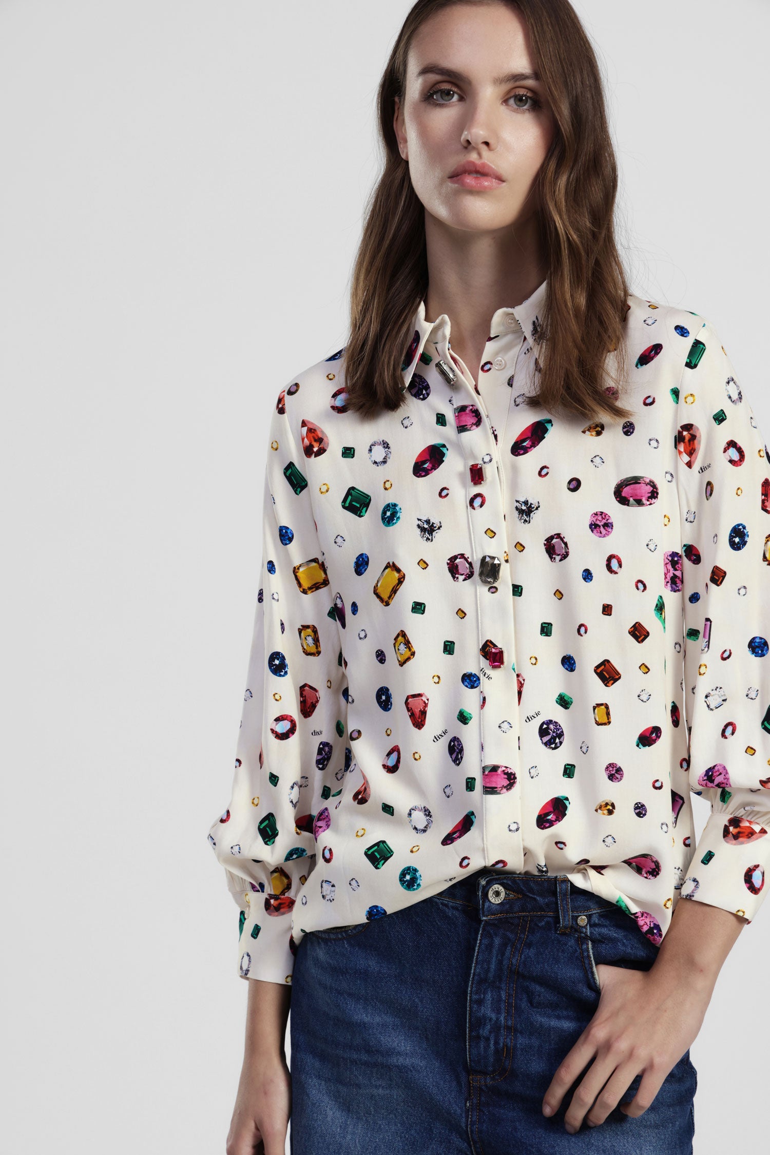 Camicia con stampa gemme e maniche lunghe