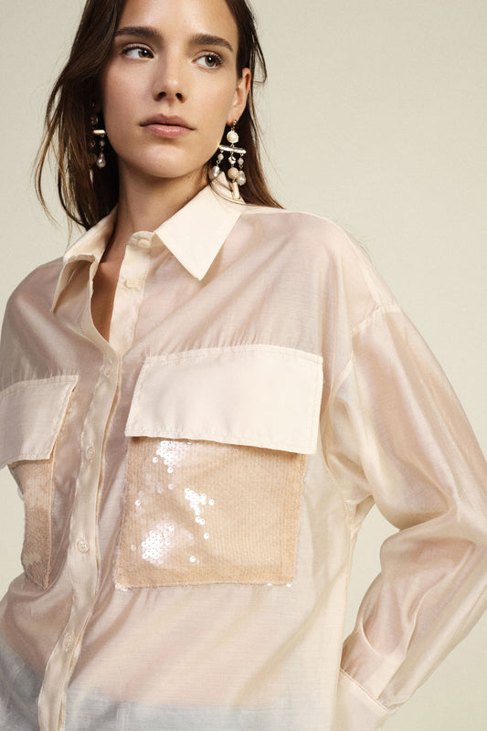 Camicia oversize con tasche e paillettes frontali