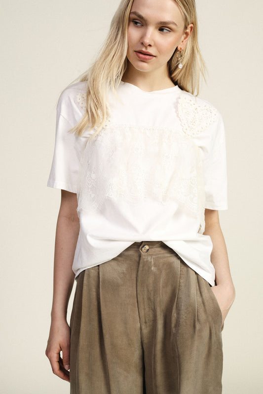 T-shirt maniche corte con dettagli in pizzo