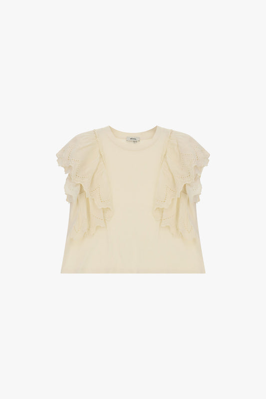 T-shirt maniche corte con balze traforate sulle spalle