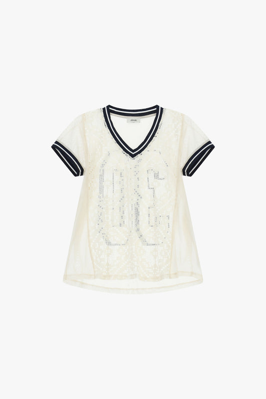 T-shirt a rete con numeri e scollo a v