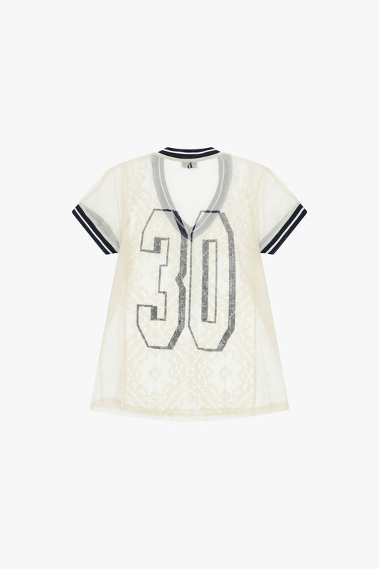 T-shirt a rete con numeri e scollo a v