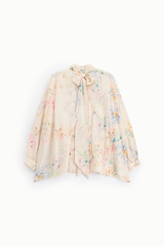Blusa ampia con fiocco collo e stampa floreale