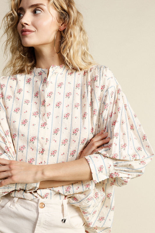 Camicia ampia a fiori con collo alla coreana