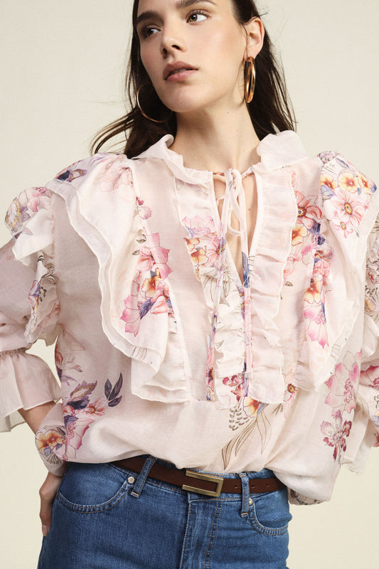 Blusa ampia con stampa floreale e volant