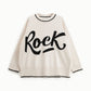 Pullover girocollo con scritta rock e bordo a contrasto