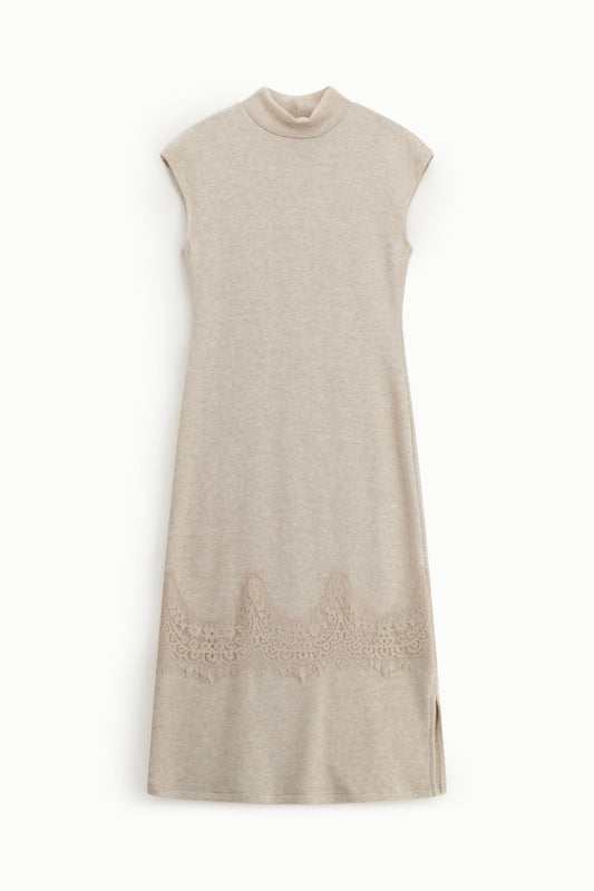 Abito midi con collo alto e inserto pizzo