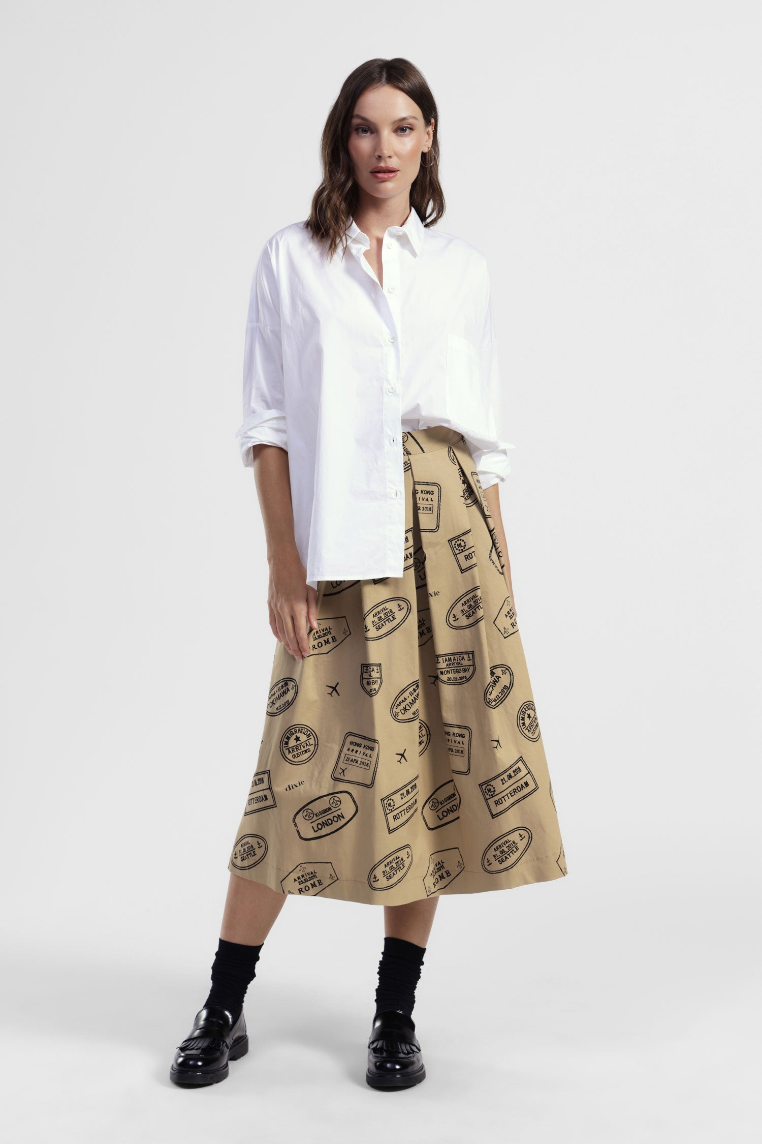 Gonna midi vita alta stampa passaporto