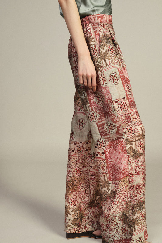 Pantaloni palazzo fantasia stampa patchwork vita alta