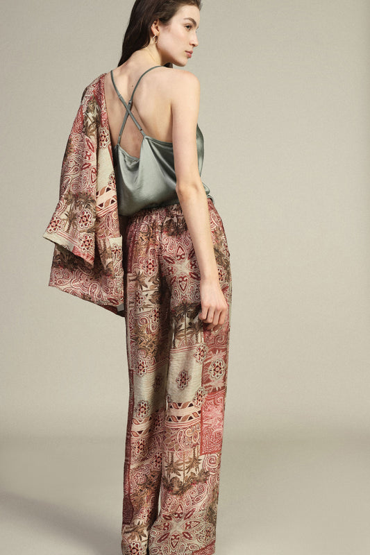 Pantaloni palazzo stampa patchwork a gamba larga