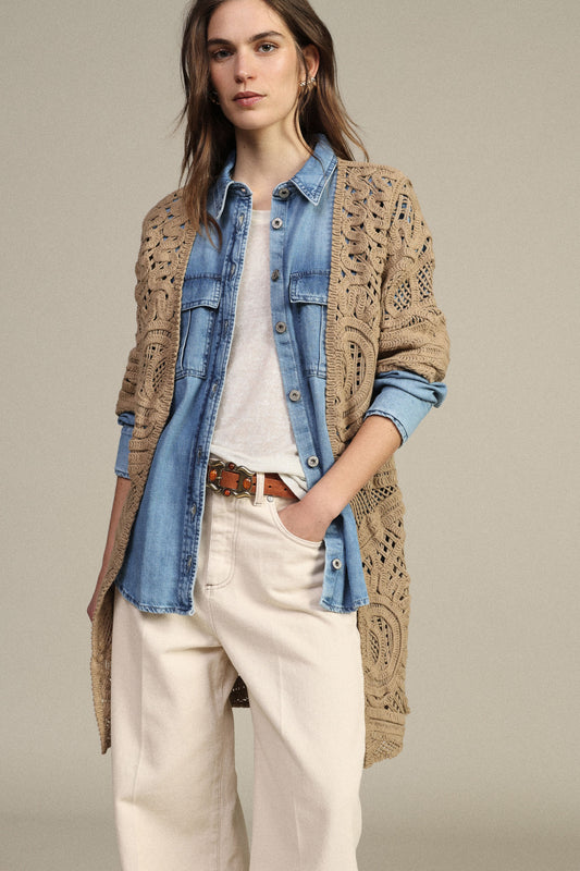 Cardigan traforato con maniche corte e motivo geometrico