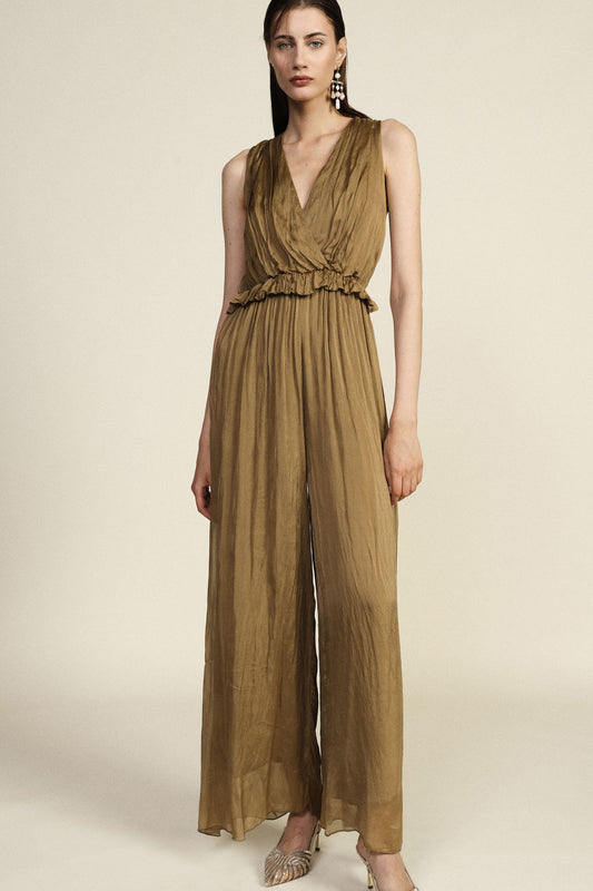 Jumpsuit lungo senza maniche con scollo a v e vita arricciata