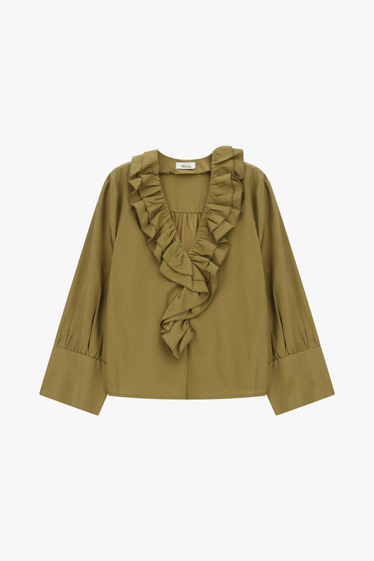 Blusa con scollo a volant e maniche lunghe