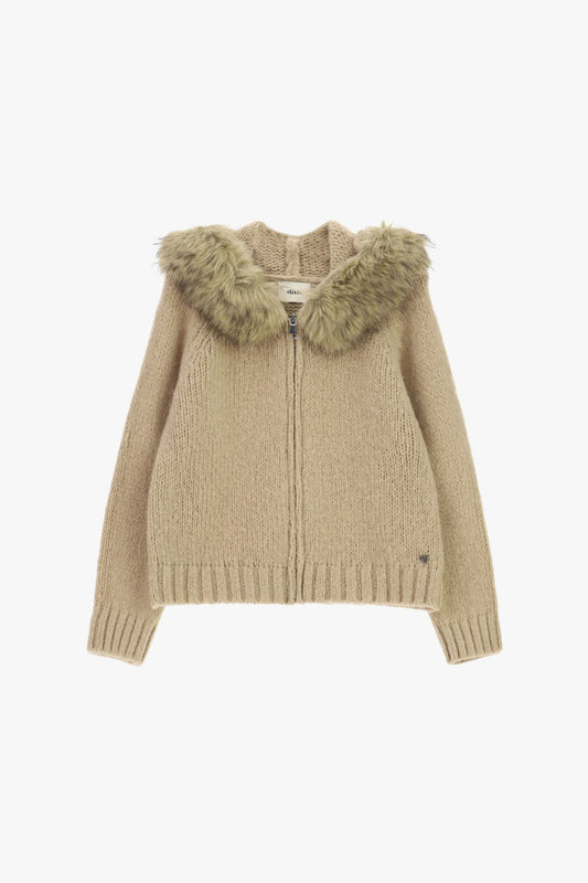 Cardigan con zip e collo in pelliccia sintetica
