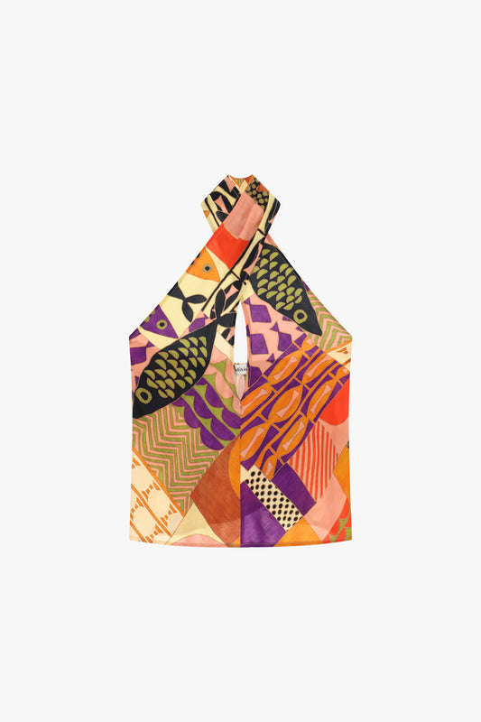 Top incrociato stampa grafica patchwork fantasia