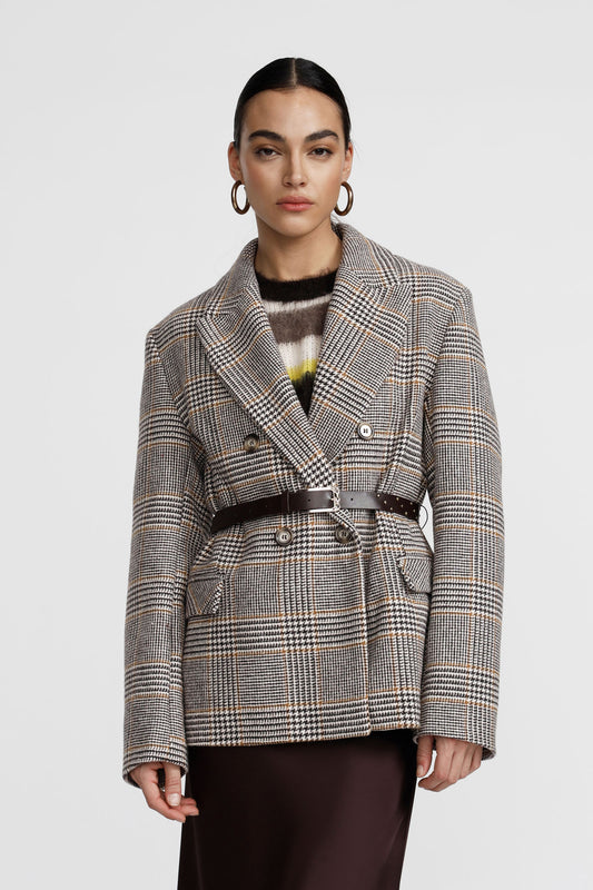 Blazer doppiopetto fantasia con cintura regolabile