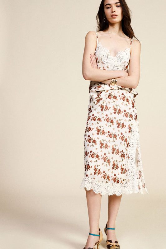 Gonna midi stampa fiori bordo in pizzo