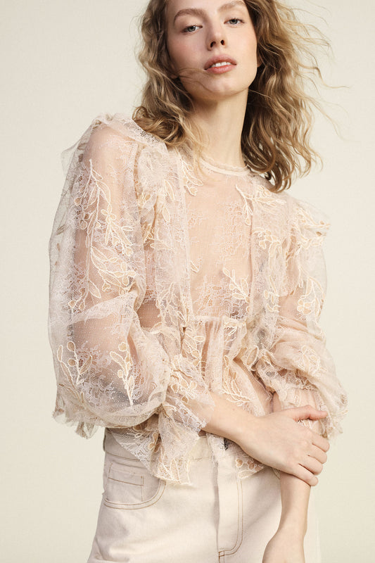 Blusa ampia ricamo floreale maniche lunghe volant