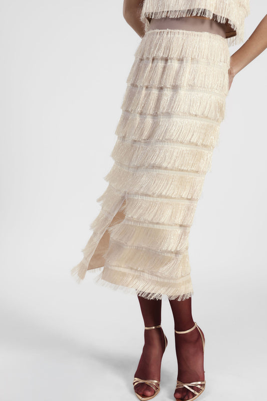 Gonna midi con frange e spacchetto frontale