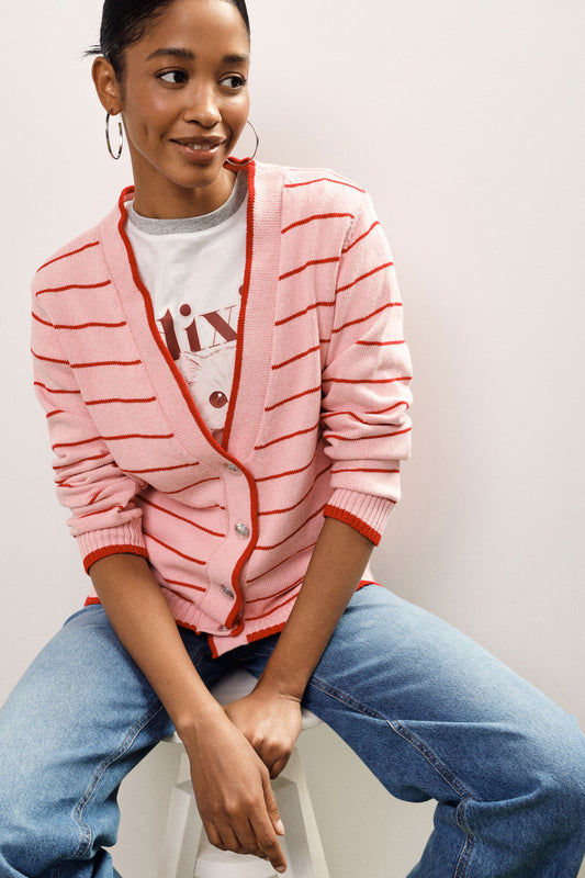 Cardigan a righe con bottoni e scollo a v