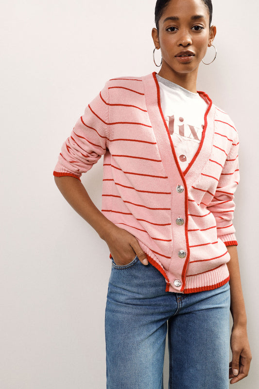 Cardigan a righe con bottoni e scollo a v