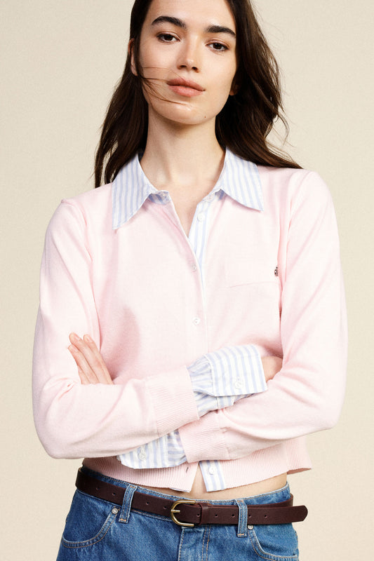 Cardigan cropped con colletto e polsi a righe