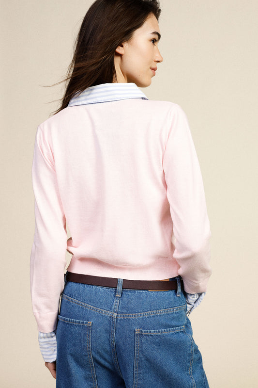 Cardigan cropped con colletto e polsi a righe