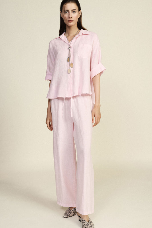 Pantaloni ampi con vita alta e coulisse 100% lino