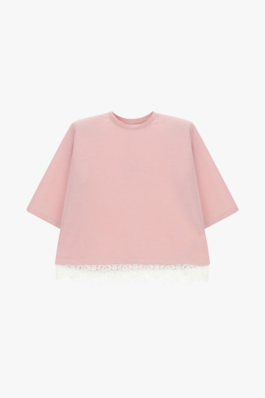 T-shirt boxy con maniche corte e bordo in pizzo