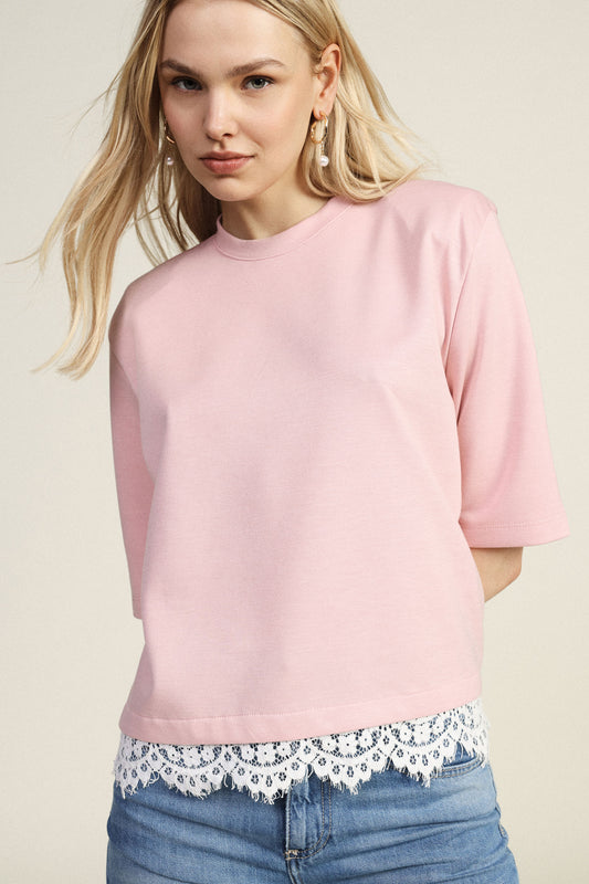 T-shirt maniche corte con bordo in pizzo